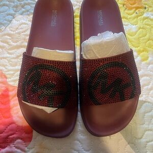 MICHAEL Michael Kors Burgundy and Black Crystal Logo Slide Sandals